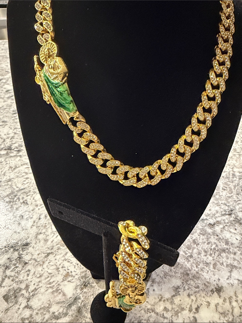 San Judas Cuban Iced Cuban 18” Necklace and 7 3/4” Bracelet Gold Tone #61